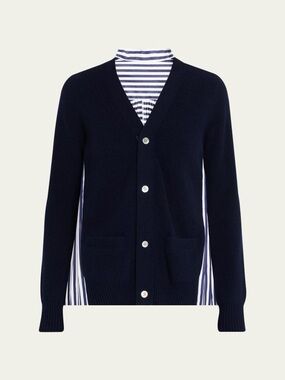 SACAI Wool Knit and Cotton Poplin V-Neck Cardigan in Navy NWOT Sz S